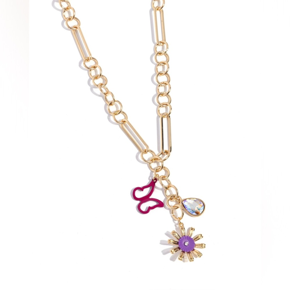Gold and Purple Flower Butterfly Charm Necklace and Bracelet Set - Picture 2 of 6